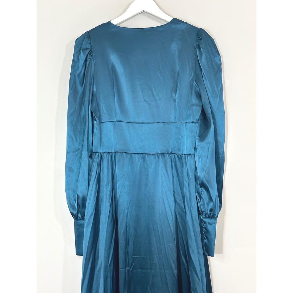 Colon Diana Teal Satin Bishop Sleeve Button Front Midi Dress Womens - Picture 10 of 16